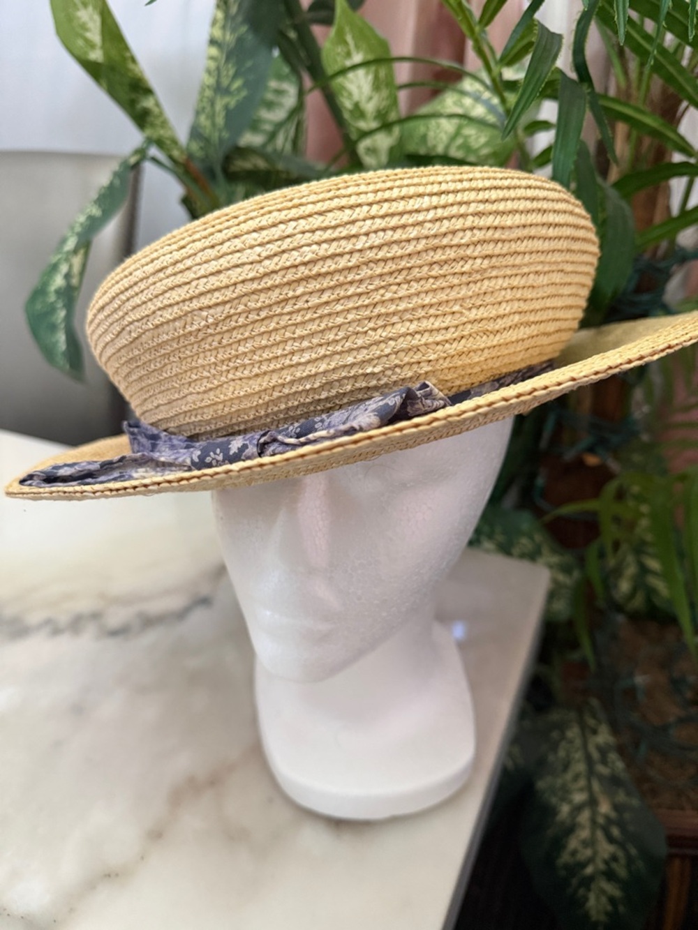 April Cornell Vintage Natural Straw Boater Hat with Blue Floral Bow - Picture 5 of 13
